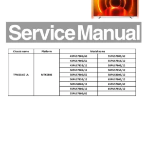 Philips 65pus7805 65pus7855 service manual cover with photo of the television, TV type, chassis code, model code, creation date and document number
