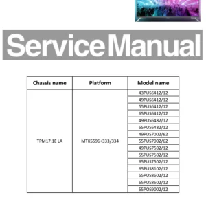 Philips 65pus8102 ambilight service manual cover with photo of the television, TV type, chassis code, model code, creation date and document number