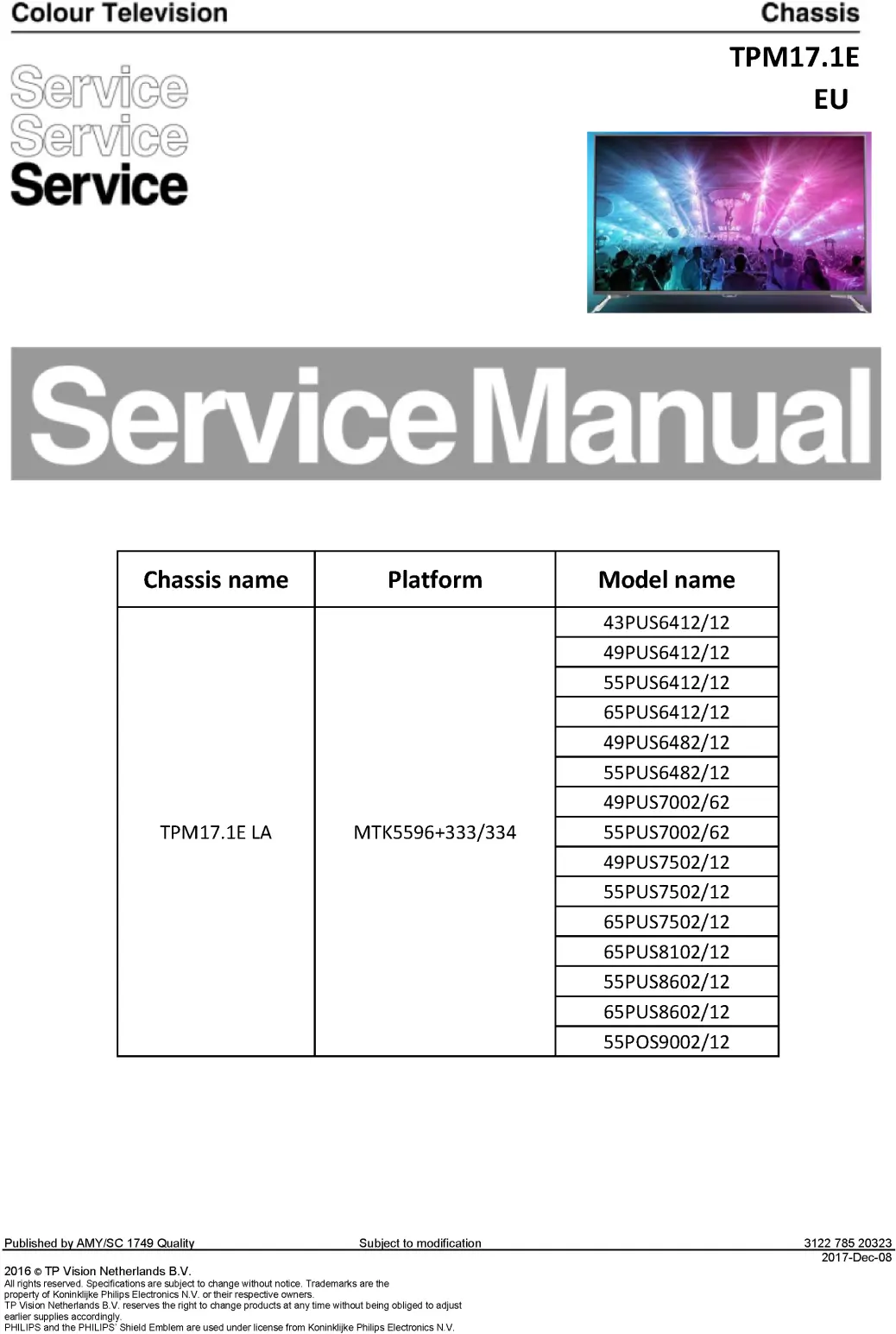Philips 65pus8102 ambilight service manual cover with photo of the television, TV type, chassis code, model code, creation date and document number