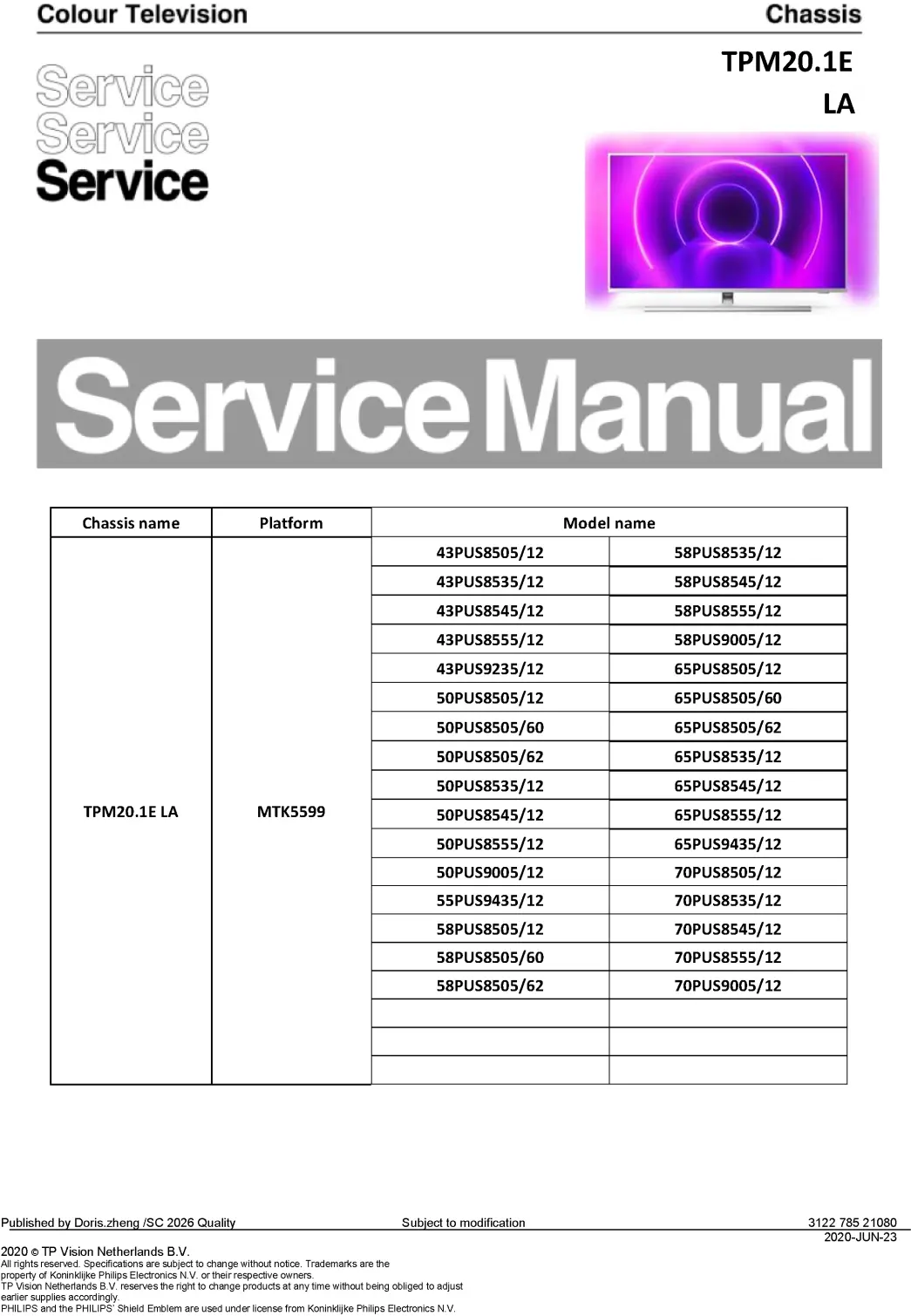 Philips 65pus8505 65pus8535 65pus8545 65pus8555 65pus9435 service manual cover with photo of the television, TV type, chassis code, model code, creation date and document number