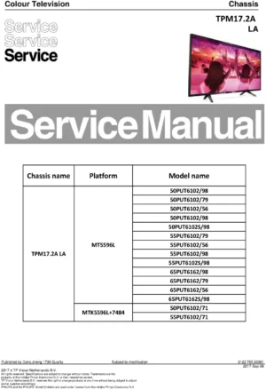 Philips 65put6162 55put6102 tpm17.2ala service manual cover with photo of the television, TV type, chassis code, model code, creation date and document number