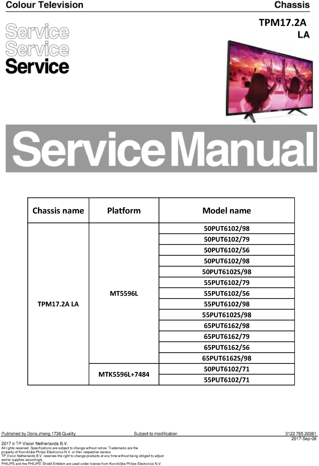 Philips 65put6162 55put6102 tpm17.2ala service manual cover with photo of the television, TV type, chassis code, model code, creation date and document number