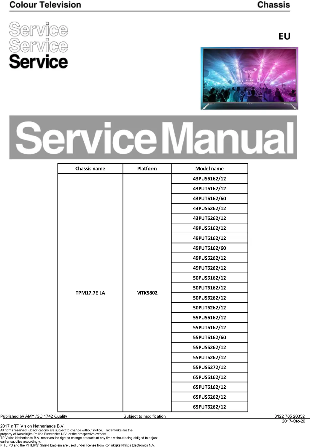 Philips 65put6162 tpm17.7ela service manual cover with photo of the television, TV type, chassis code, model code, creation date and document number