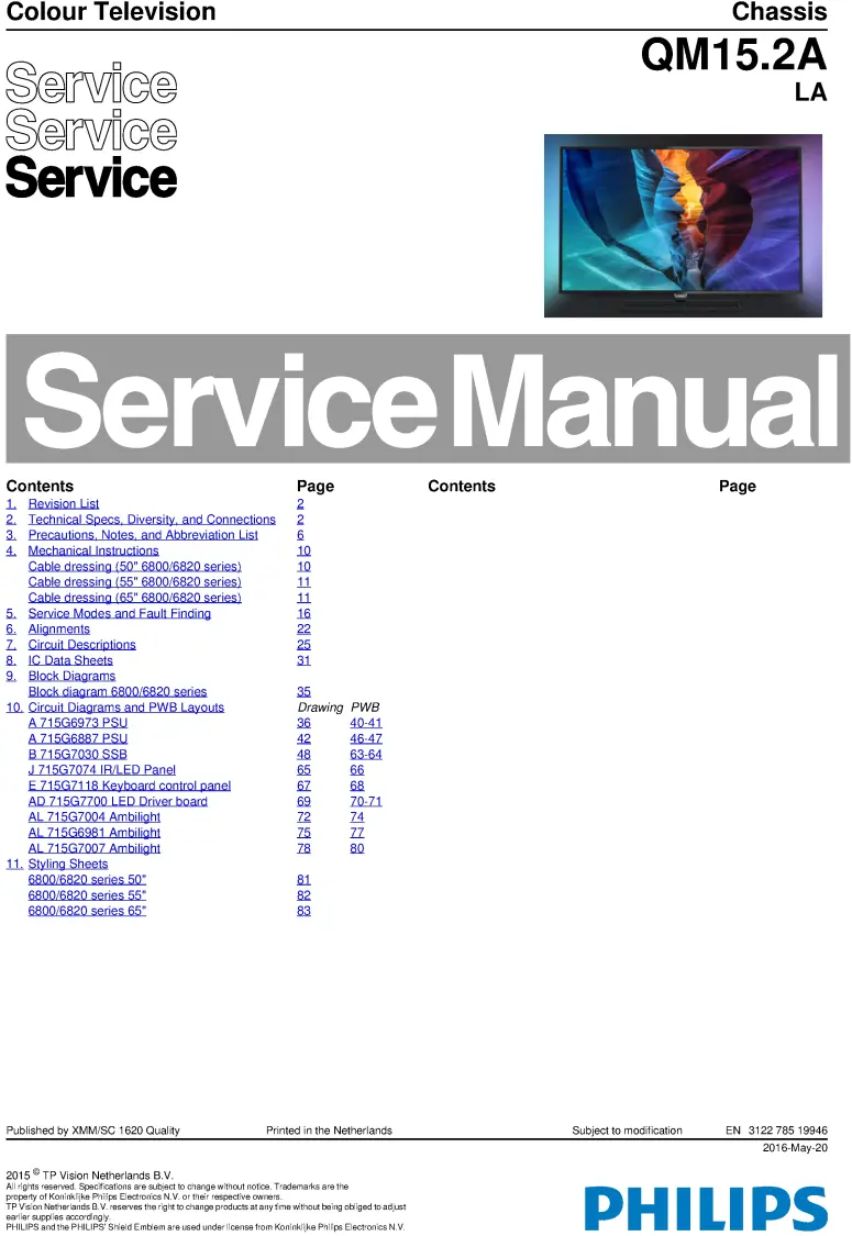 Philips 65put6820 50put6800 50put6820 55put6820 service manual cover with photo of the television, TV type, chassis code, model code, creation date and document number