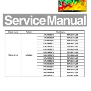 Philips 70pus6774 service manual cover with photo of the television, TV type, chassis code, model code, creation date and document number