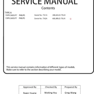 Philips 75pfl5603 service manual cover with photo of the television, TV type, chassis code, model code, creation date and document number