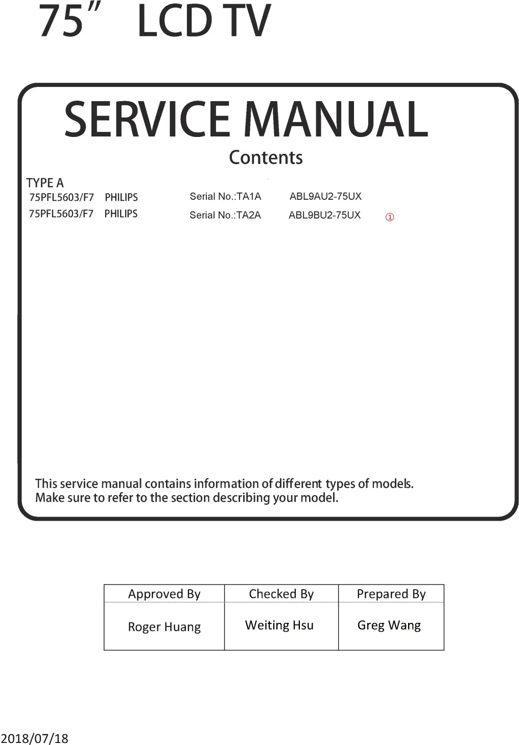 Philips 75pfl5603 service manual cover with photo of the television, TV type, chassis code, model code, creation date and document number