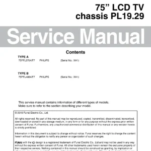 Philips 75pfl5704 75pfl4864 service manual cover with photo of the television, TV type, chassis code, model code, creation date and document number