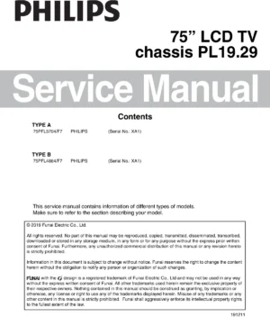Philips 75pfl5704 75pfl4864 service manual cover with photo of the television, TV type, chassis code, model code, creation date and document number