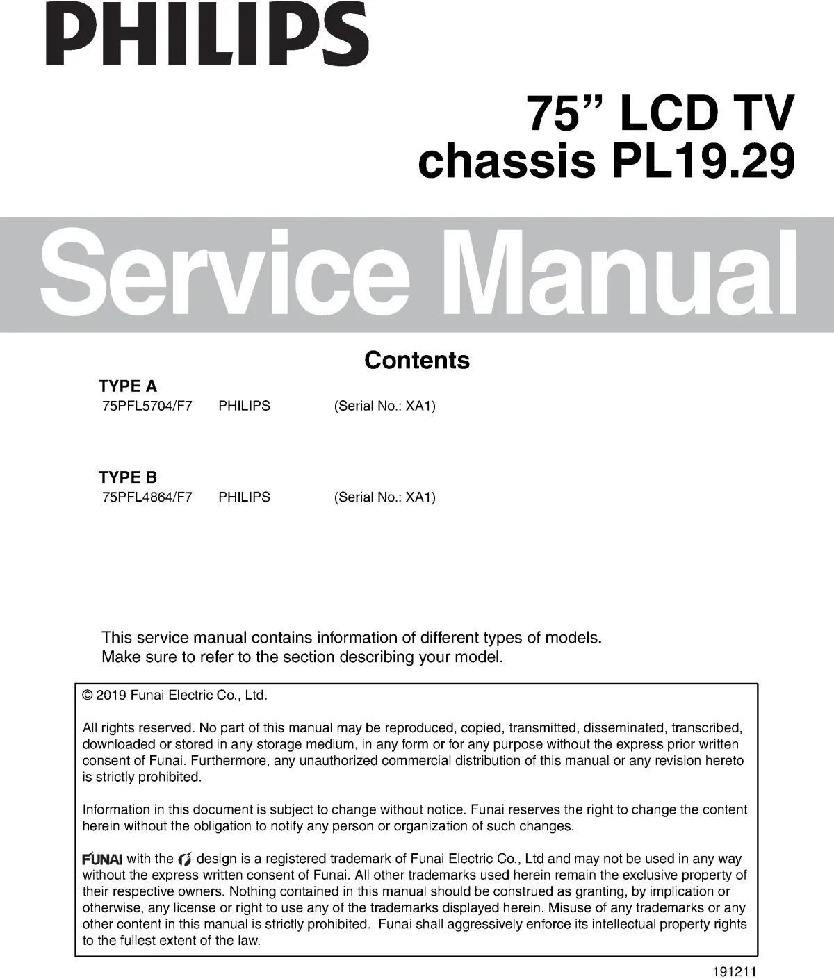 Philips 75pfl5704 75pfl4864 service manual cover with photo of the television, TV type, chassis code, model code, creation date and document number