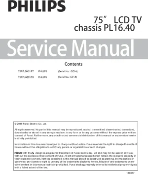 Philips 75pfl6601 75pfl6621 service manual cover with photo of the television, TV type, chassis code, model code, creation date and document number