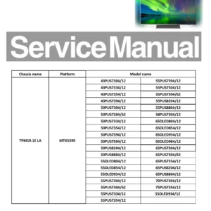 Philips 75pus7354 70pus7304 58pus7304 service manual cover with photo of the television, TV type, chassis code, model code, creation date and document number