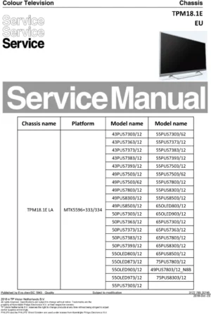 Philips 75pus7803 65pus8303 65pus7803 tpm18.1ela service manual cover with photo of the television, TV type, chassis code, model code, creation date and document number