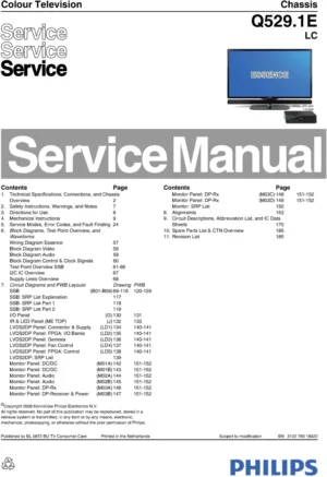 Philips essence 42pes0001d service manual cover with photo of the television, TV type, chassis code, model code, creation date and document number