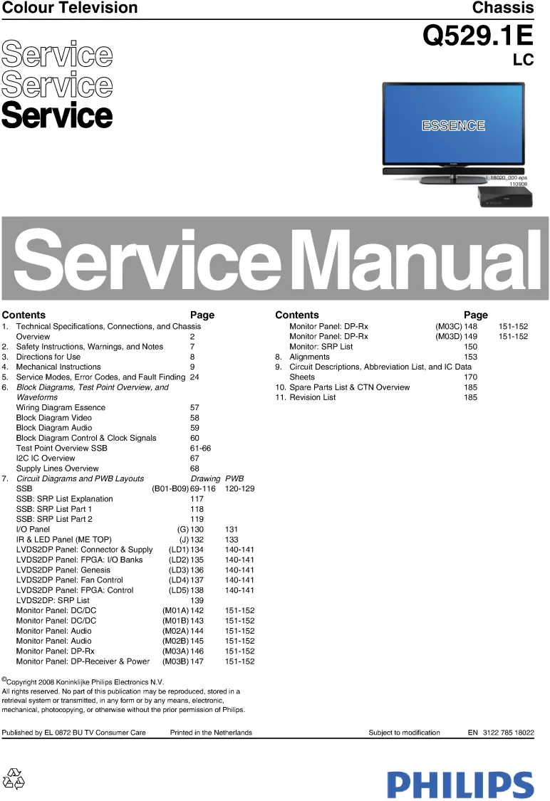 Philips essence 42pes0001d service manual cover with photo of the television, TV type, chassis code, model code, creation date and document number
