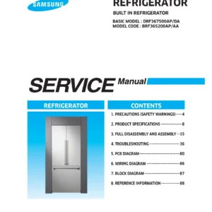 Samsung brf365200ap service manual cover with photo of the refrigerator, model type and code and manual contents