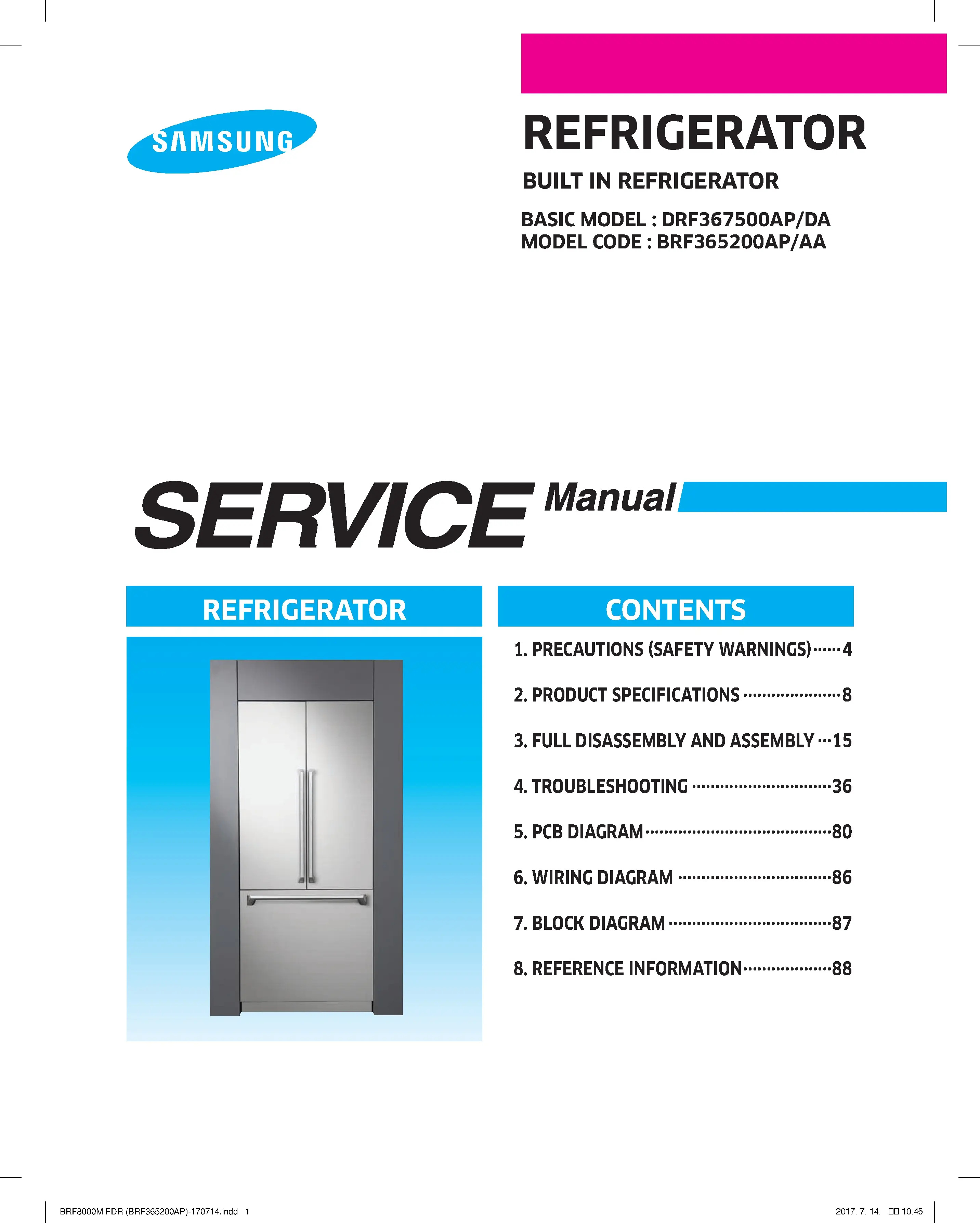 Samsung brf365200ap service manual cover with photo of the refrigerator, model type and code and manual contents
