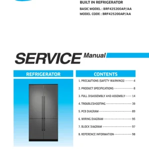 Samsung brf425200ap service manual cover with photo of the refrigerator, model type and code and manual contents