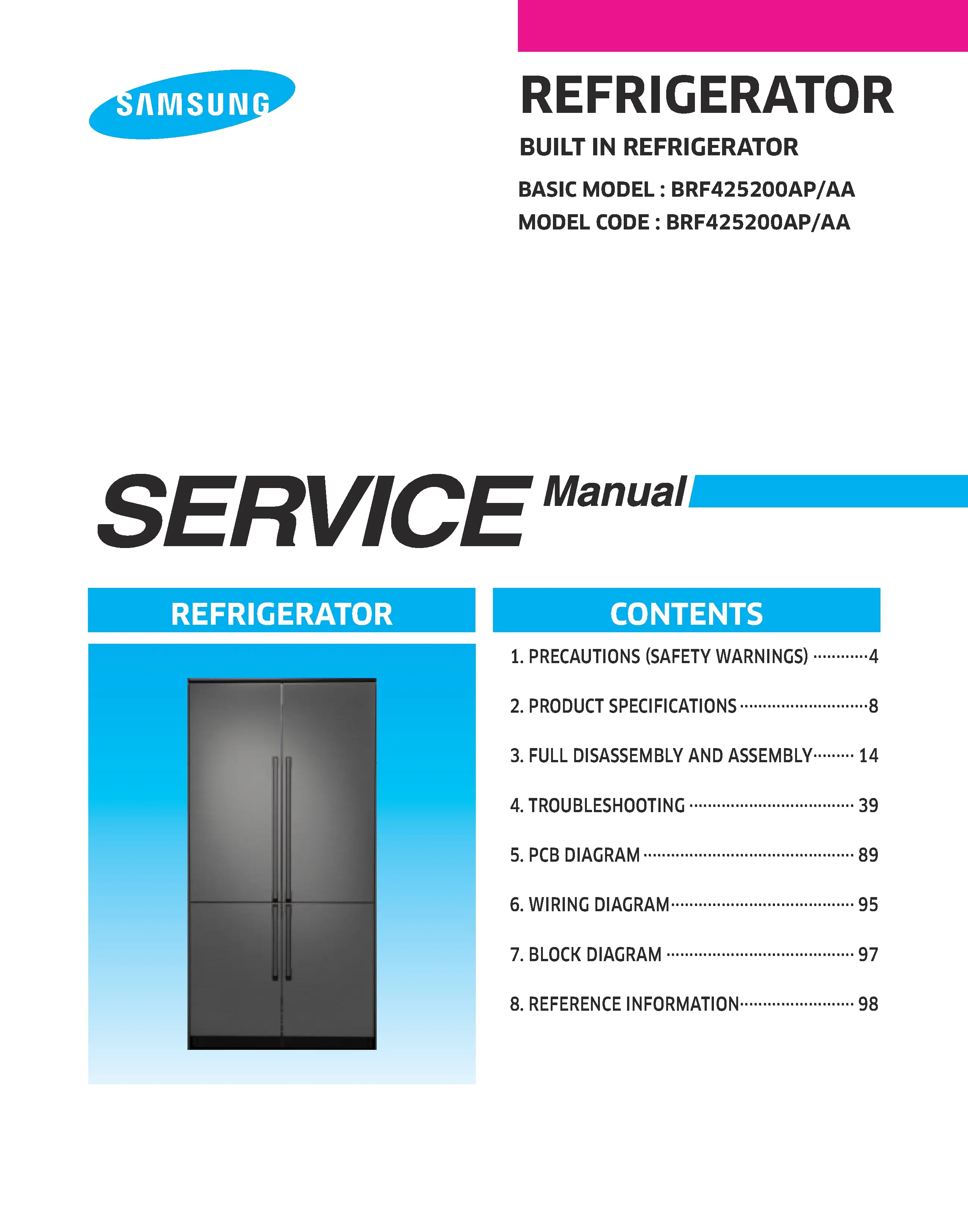 Samsung brf425200ap service manual cover with photo of the refrigerator, model type and code and manual contents