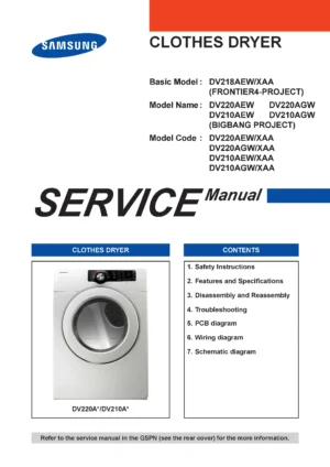 Samsung dv210aew service manual cover with photo of the dryer. Model code and type and manual contents