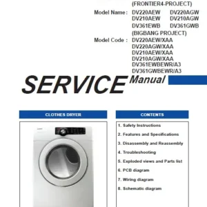 Samsung dv210agw dv210aew service manual cover with photo of the dryer. Model code and type and manual contents