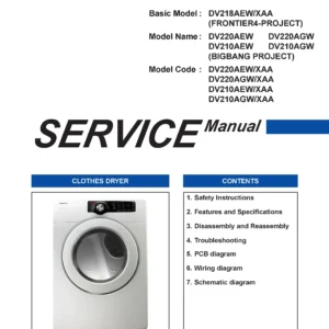 Samsung dv220aew service manual cover with photo of the dryer. Model code and type and manual contents