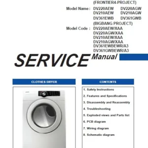 Samsung dv220agw dv220aew service manual cover with photo of the dryer. Model code and type and manual contents
