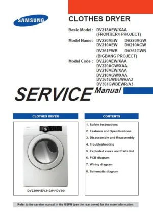 Samsung dv220agw dv220aew service manual cover with photo of the dryer. Model code and type and manual contents
