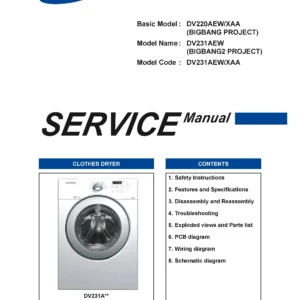 Samsung dv231aew service manual cover with photo of the dryer. Model code and type and manual contents