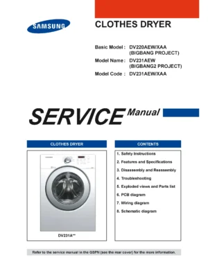 Samsung dv231aew service manual cover with photo of the dryer. Model code and type and manual contents