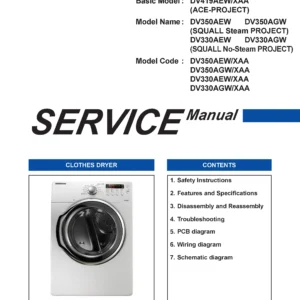 Samsung dv330aeb dv330aew dv330agw service manual cover with photo of the dryer. Model code and type and manual contents