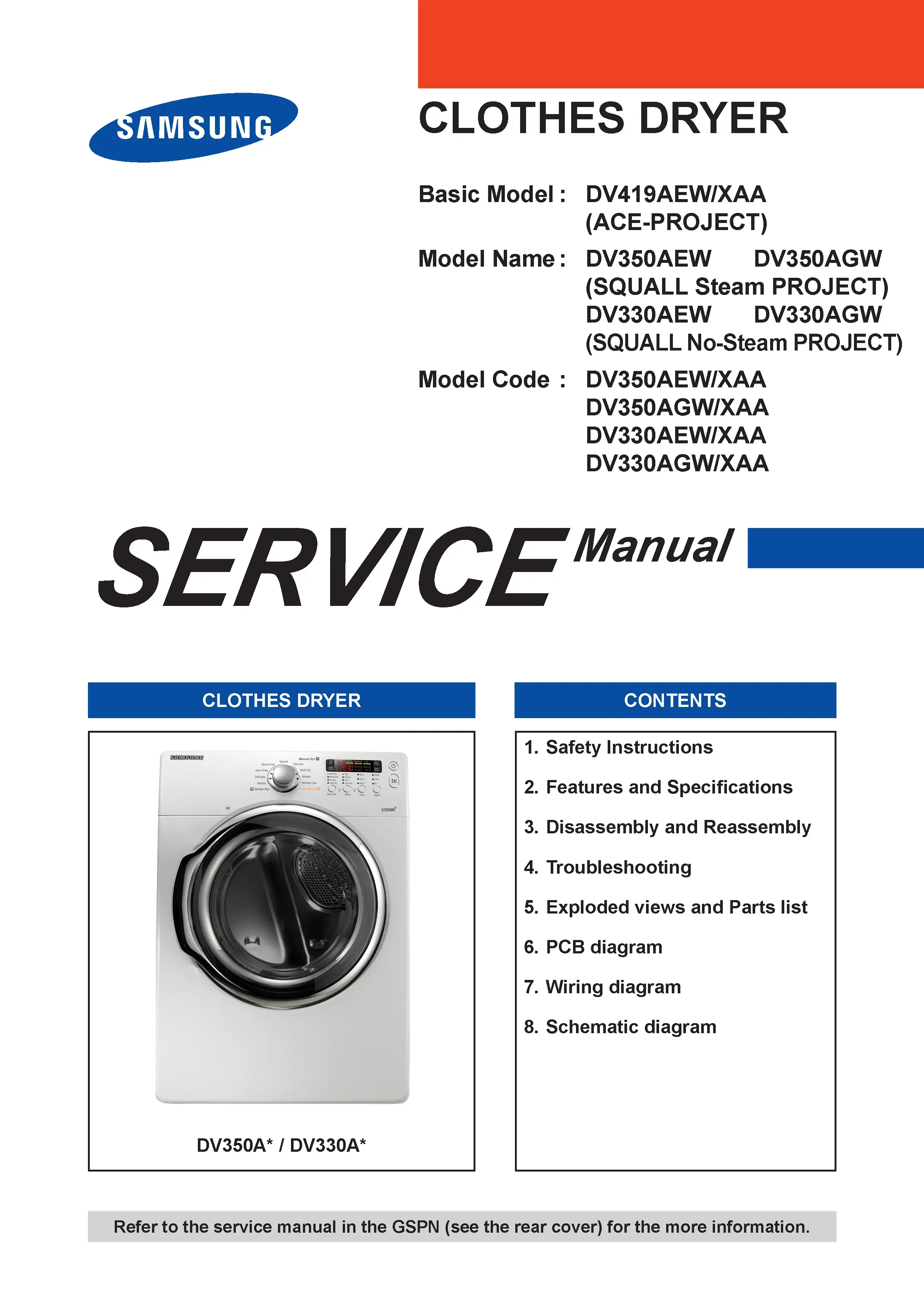 Samsung dv350aew dv350agw service manual cover with photo of the dryer. Model code and type and manual contents
