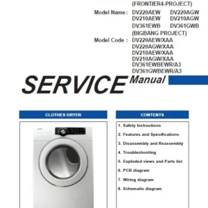 Samsung dv361ewbewr dv361gwbewr service manual cover with photo of the dryer. Model code and type and manual contents