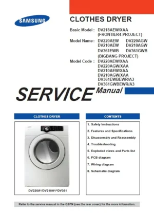 Samsung dv361ewbewr dv361gwbewr service manual cover with photo of the dryer. Model code and type and manual contents