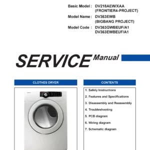 Samsung dv363ewbeuf dv363gwbeuf service manual cover with photo of the dryer. Model code and type and manual contents