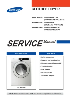 Samsung dv363ewbeuf dv363gwbeuf service manual cover with photo of the dryer. Model code and type and manual contents