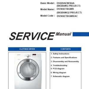 Samsung dv365etbgwr service manual cover with photo of the dryer. Model code and type and manual contents