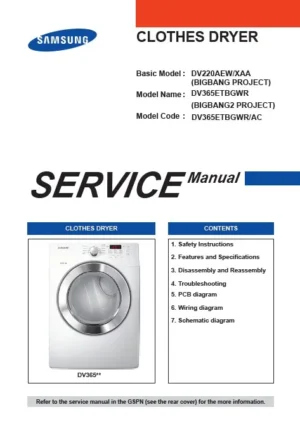 Samsung dv365etbgwr service manual cover with photo of the dryer. Model code and type and manual contents