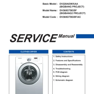 Samsung dv365gtbgsf service manual cover with photo of the dryer. Model code and type and manual contents