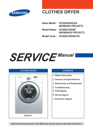 Samsung dv365gtbgsf service manual cover with photo of the dryer. Model code and type and manual contents