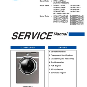 Samsung dv395etpara dv395etpasu service manual cover with photo of the dryer. Model code and type and manual contents