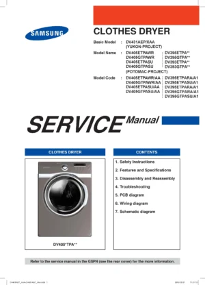 Samsung dv395etpara dv395etpasu service manual cover with photo of the dryer. Model code and type and manual contents