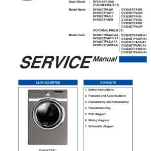 Samsung dv395gtpawr dv395etpawr service manual cover with photo of the dryer. Model code and type and manual contents