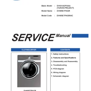 Samsung dv405etpagr service manual cover with photo of the dryer. Model code and type and manual contents