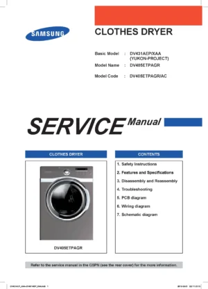 Samsung dv405etpagr service manual cover with photo of the dryer. Model code and type and manual contents