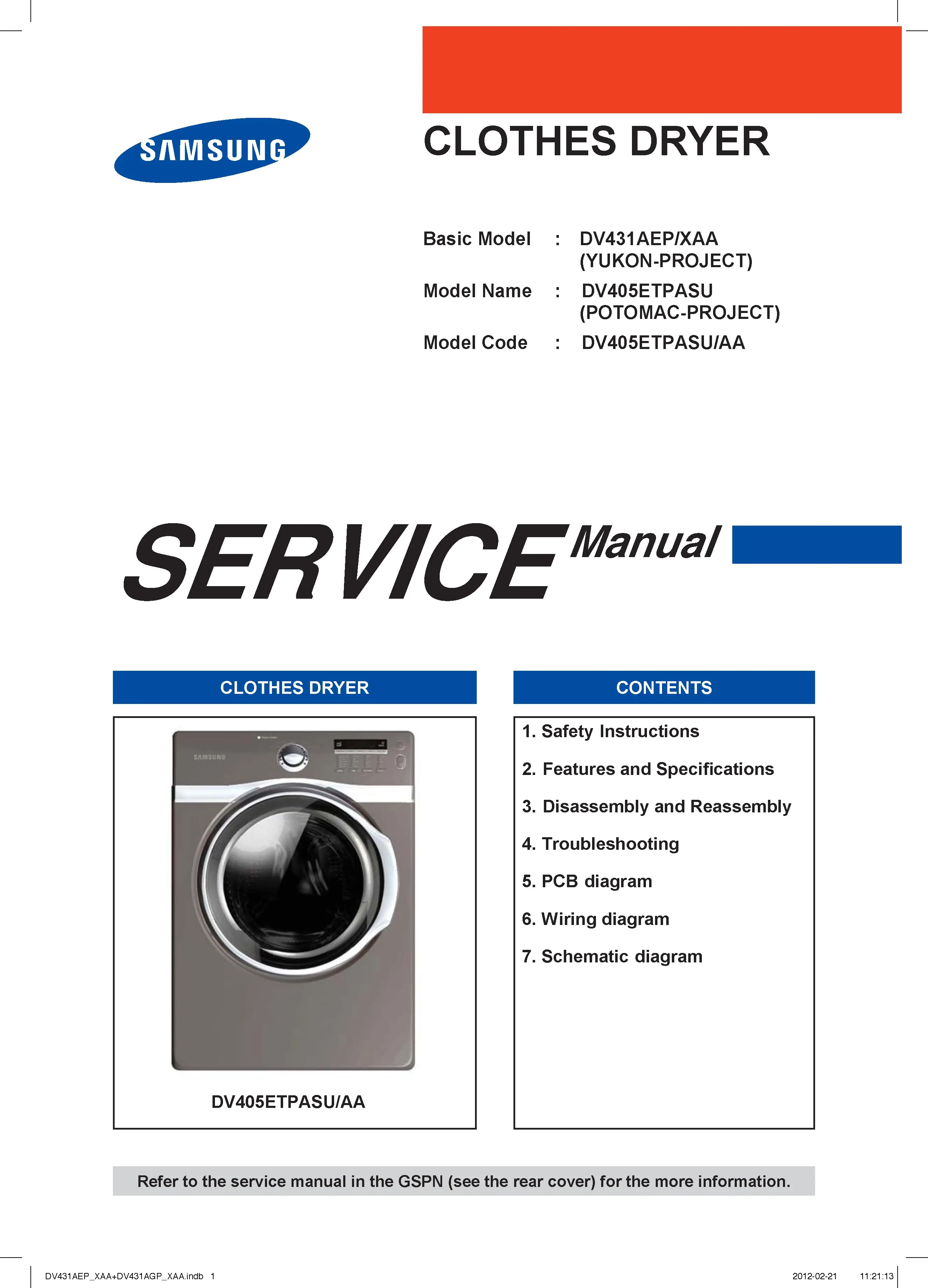 Samsung dv405etpasu service manual cover with photo of the dryer. Model code and type and manual contents