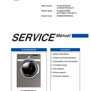 Samsung dv405etpawr service manual cover with photo of the dryer. Model code and type and manual contents