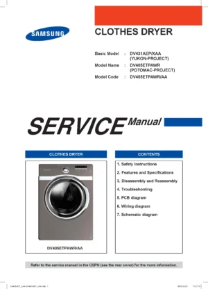 Samsung dv405etpawr service manual cover with photo of the dryer. Model code and type and manual contents