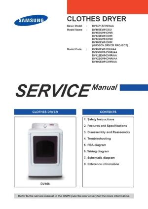Samsung dv422ewhdwr dv422gwhdwr dv400ewhdwr service manual cover with photo of the dryer. Model code and type and manual contents