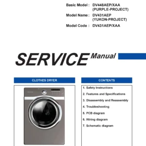 Samsung dv431aep service manual cover with photo of the dryer. Model code and type and manual contents